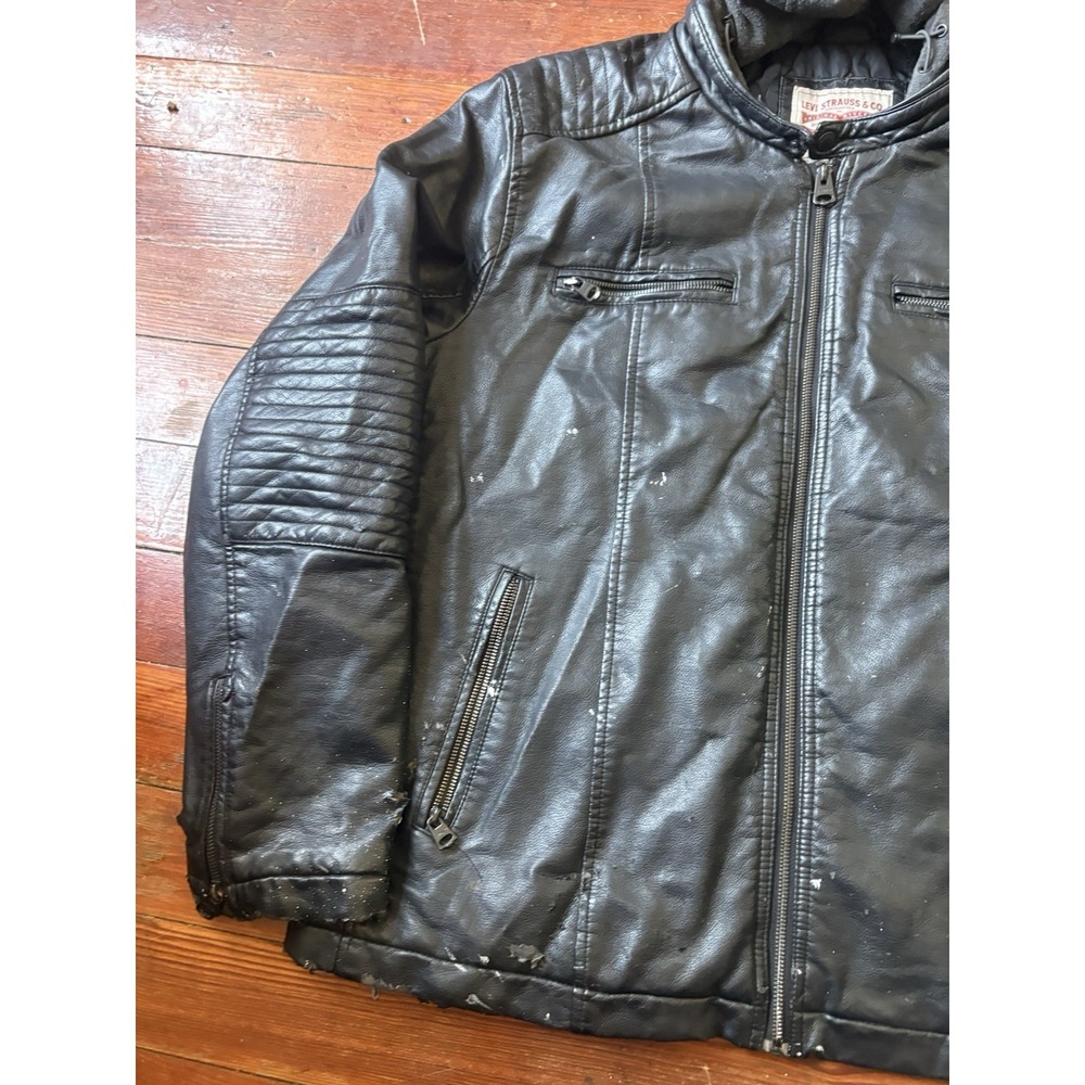 Levi Black Motorcycle Hooded Faux Leather Bomber Racer Trucker Jacket Mens XXL - Picture 3 of 9